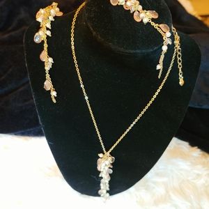 Gold Tone Necklace & Earrings Set Pink & Pearl